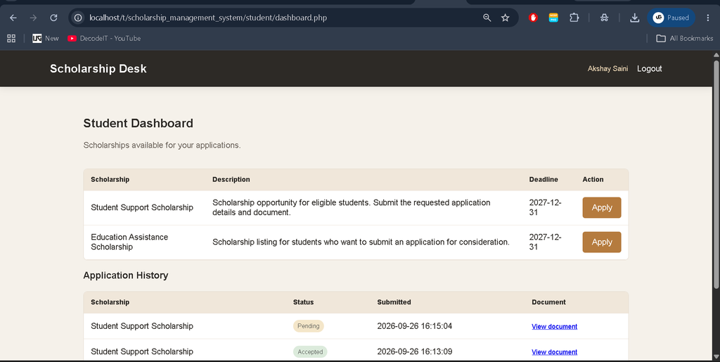 Scholarship Management System using PHP and MySQL