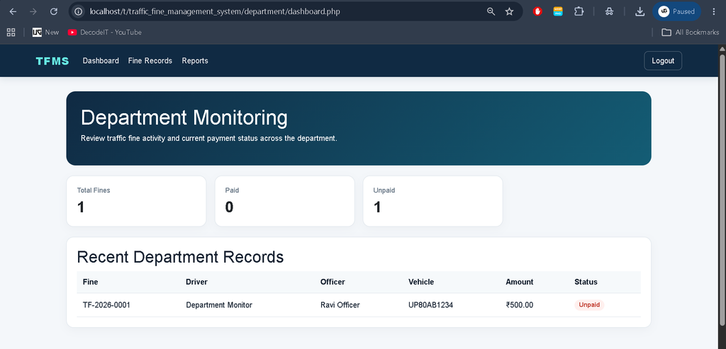 Traffic Fine Management System in PHP with MySQL