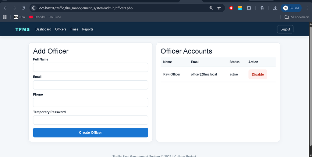 Traffic Fine Management System in PHP with MySQL