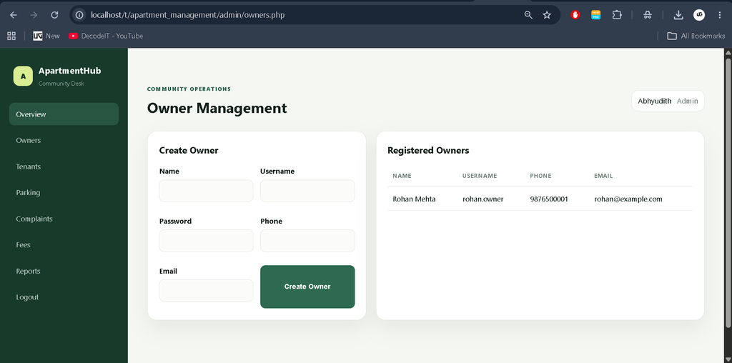 Apartment Management System Using PHP and MySQL