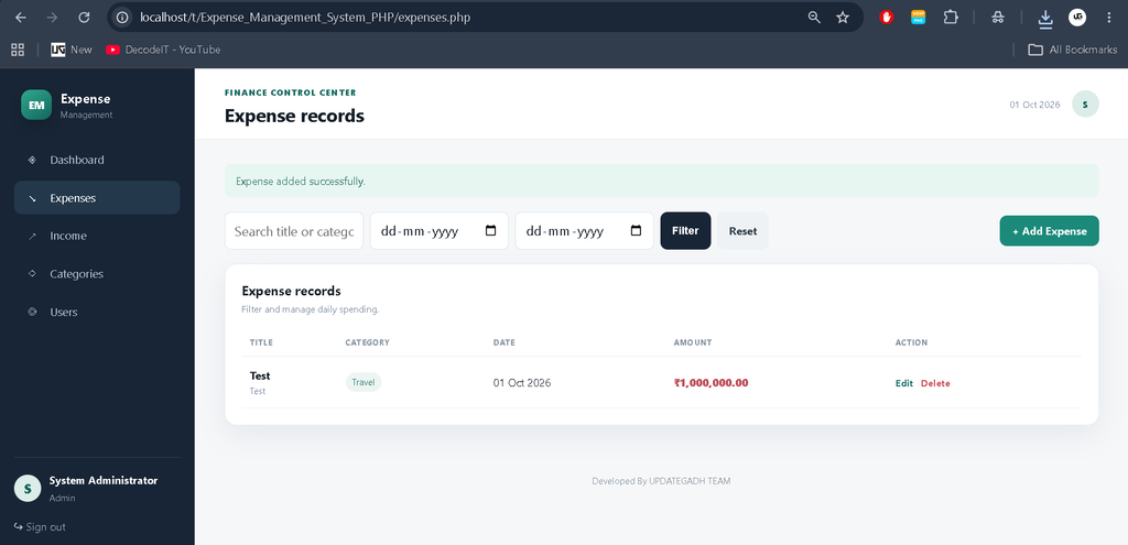 Expense Management System Using PHP and MySQL