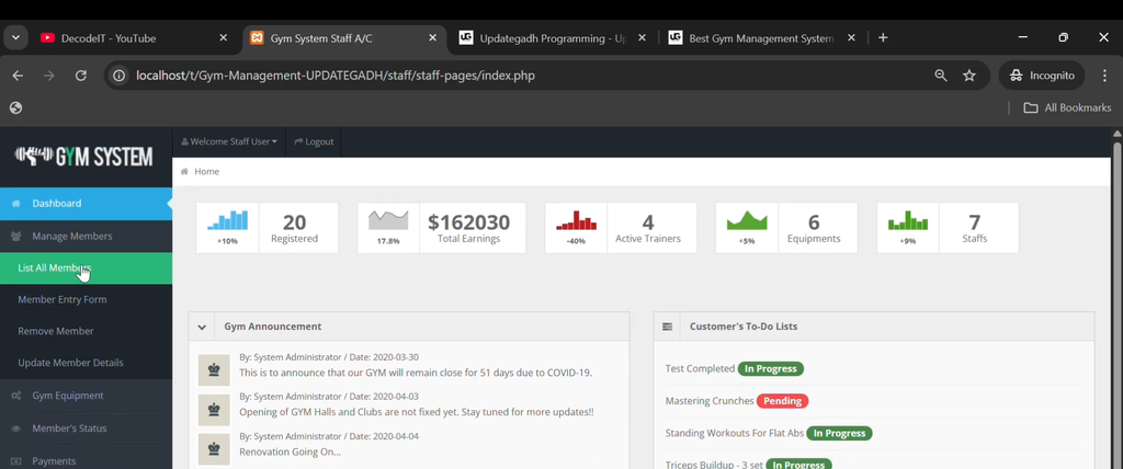 Best Gym Management System Using PHP