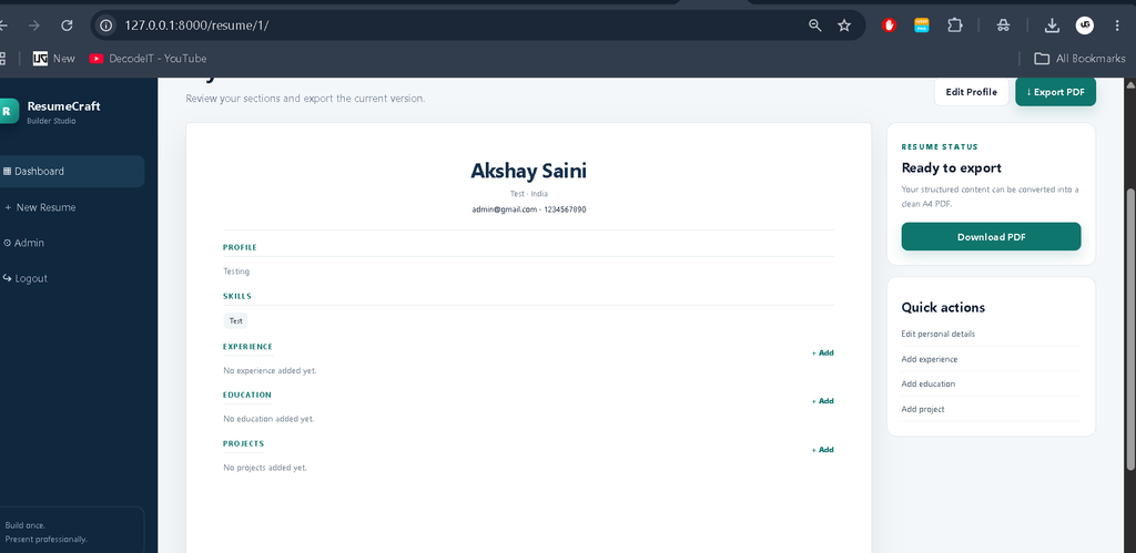 Online Resume Builder using Python Django