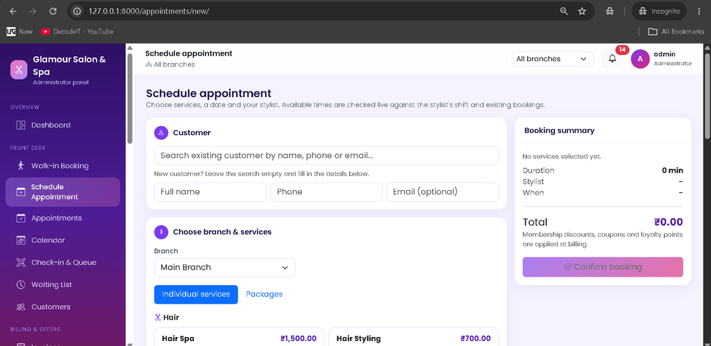 Salon Management System Using Python and Django
