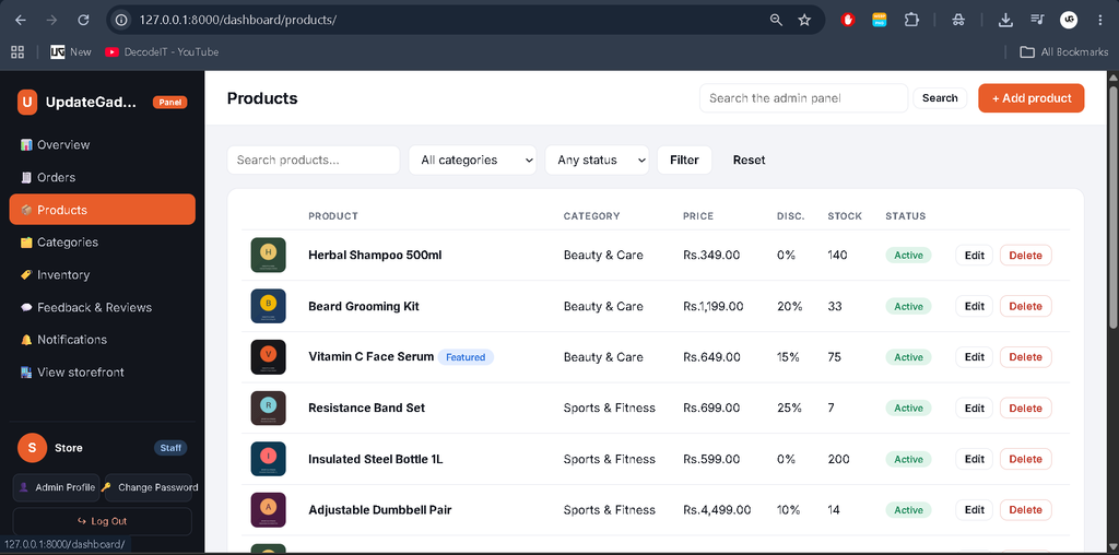 Advanced E-Commerce Management System Using Django-staff panal