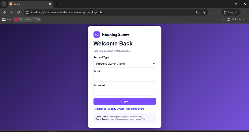 Apartment Rental Management System in PHP and MySQL