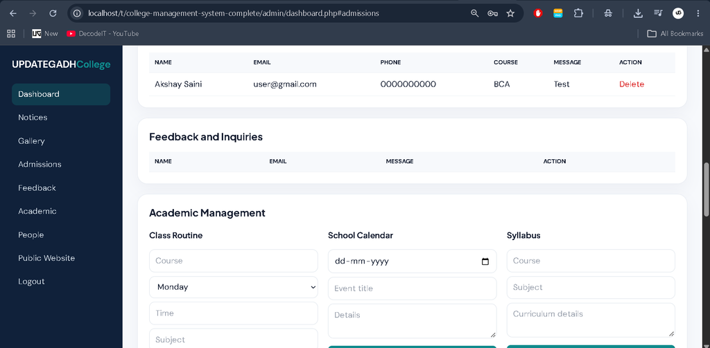 College Management System in PHP and MySQL