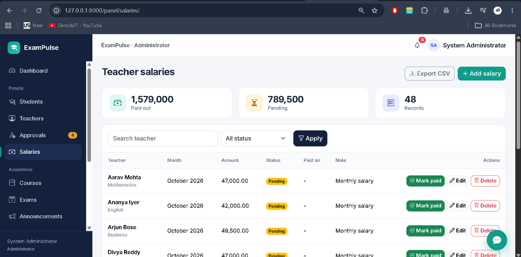 Online Examination System Using Python with AI Chatbot-admin manage salaries