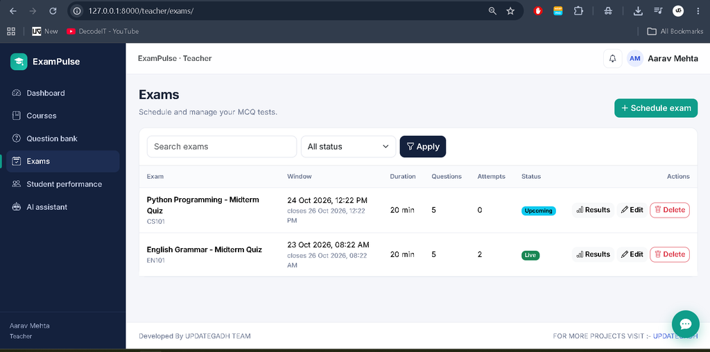 Online Examination System Using Python with AI Chatbot-teacher panal