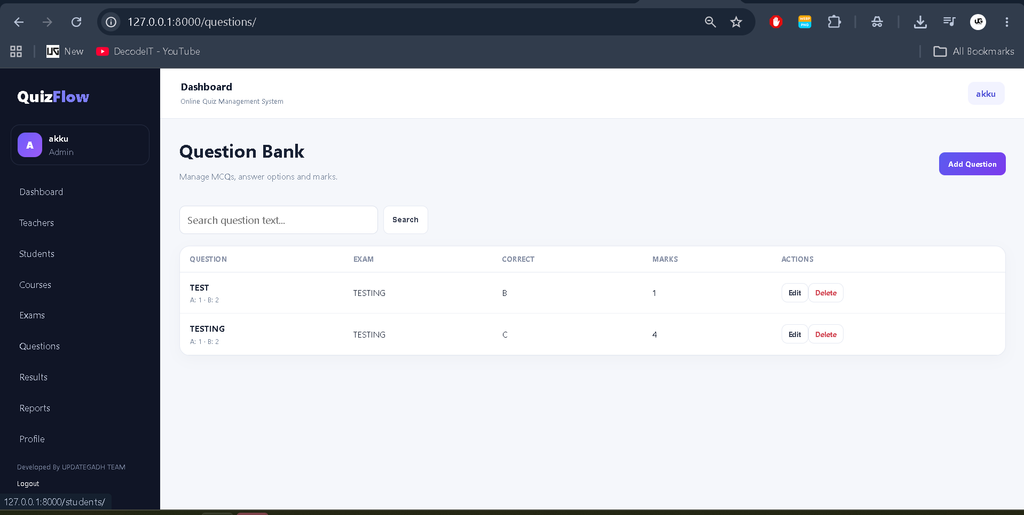 Online Quiz Management System Using Python and Django
