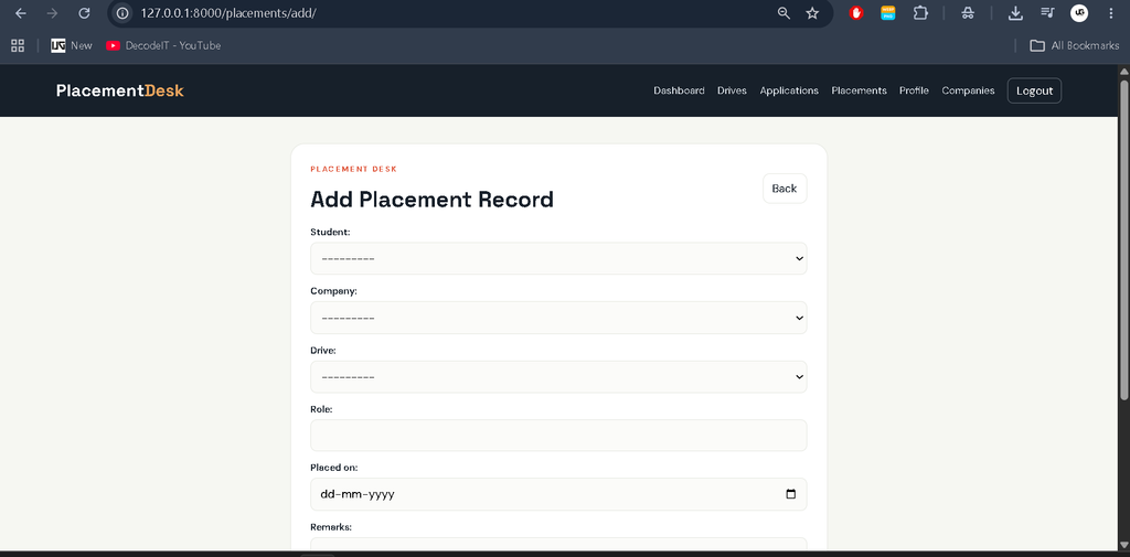 Placement Management System Using Django and SQLite