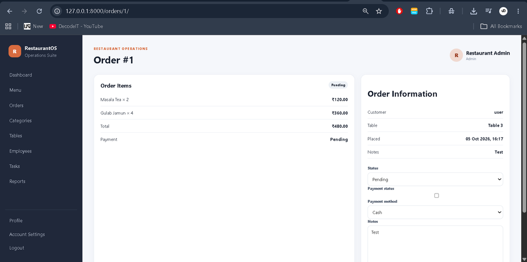 Restaurant Management System Using Python Django