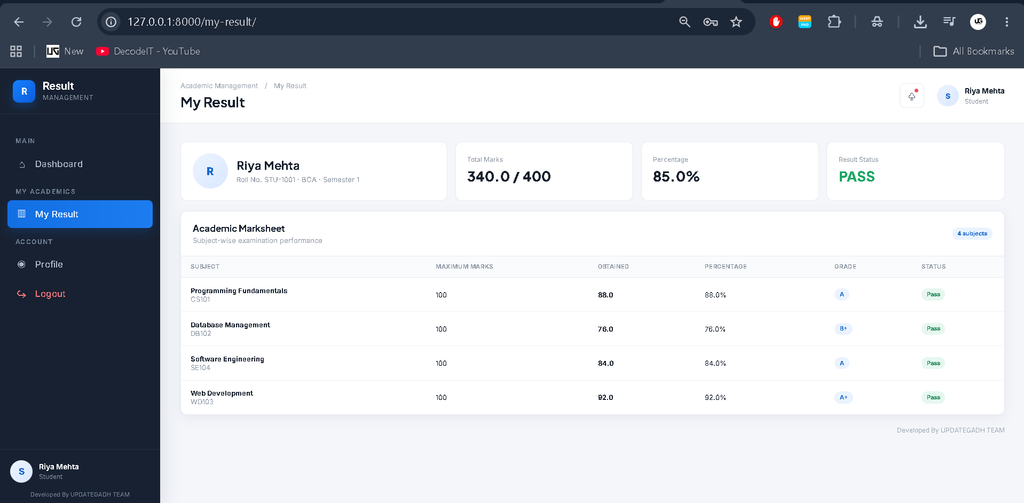 Student Result Management System Using Python and Django