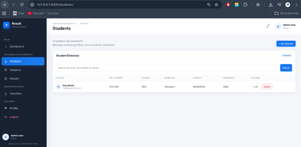 Student Result Management System Using Python and Django