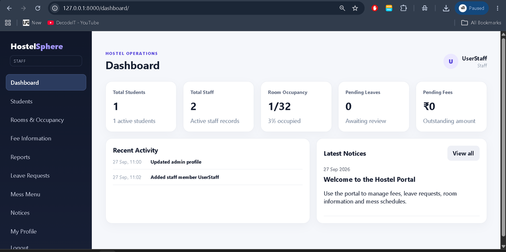 Hostel Management System Using Python and Django