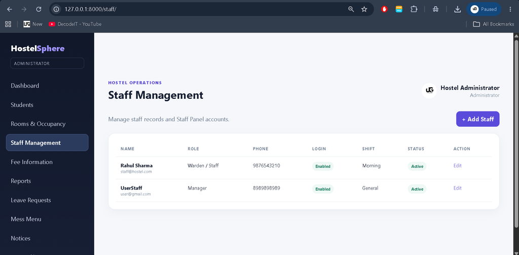 Hostel Management System Using Python and Django