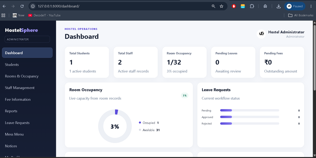 Hostel Management System Using Python and Django