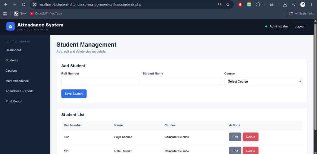Student Attendance Management System in PHP and MySQL