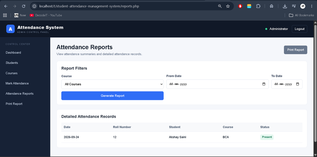Student Attendance Management System in PHP and MySQL