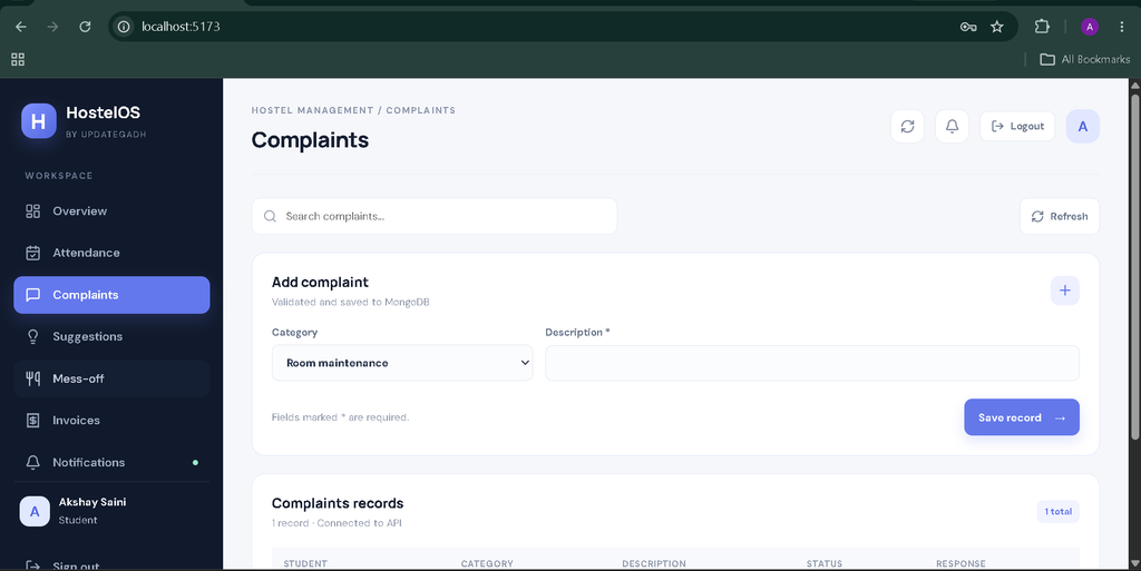 Hostel Attendance and Management System Using MERN Stack-student