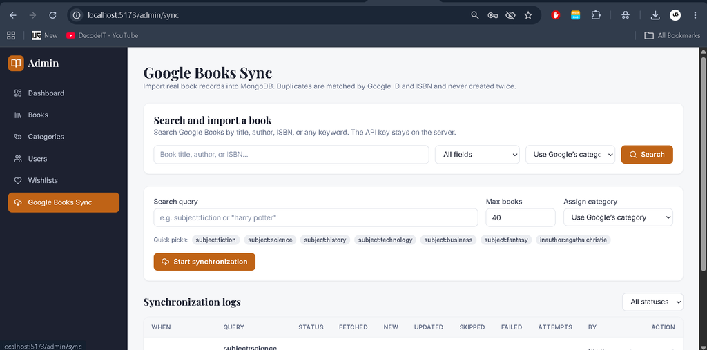 Online Book Store Project Using MERN Stack-admin search google sync