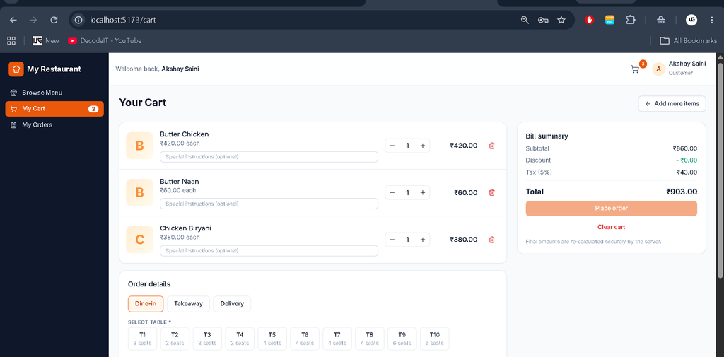 Restaurant Management System Using MERN Stack-Customer