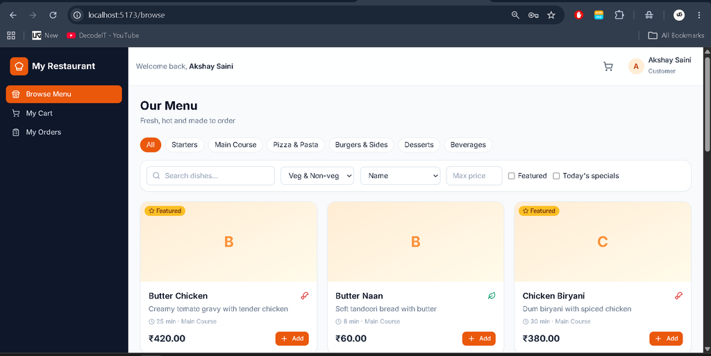 Restaurant Management System Using MERN Stack-Customer