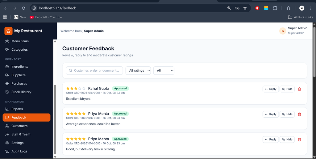 Restaurant Management System Using MERN Stack-Super Admin