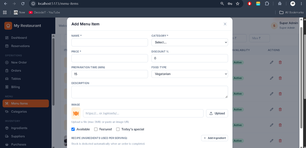 Restaurant Management System Using MERN Stack-Super Admin
