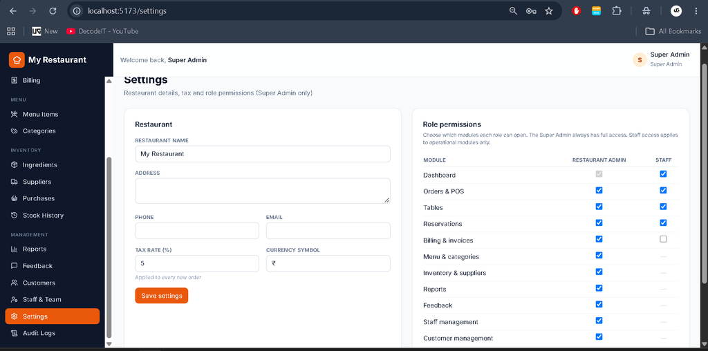Restaurant Management System Using MERN Stack-Super Admin