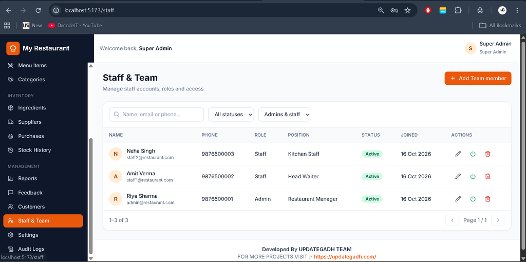 Restaurant Management System Using MERN Stack-Super Admin