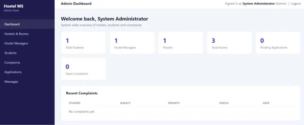 Hostel Management System Project in PHP & MySQL