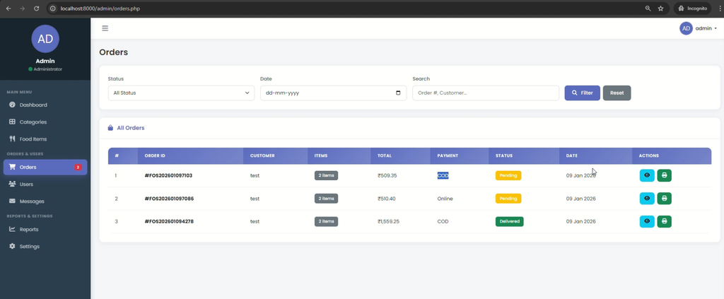 Food Ordering System Using PHP and MySQL