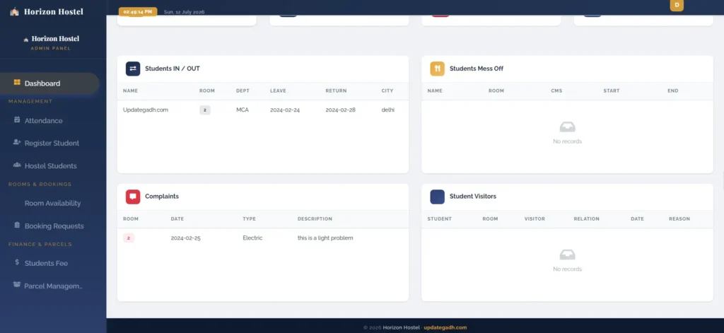 Hostel Management System in PHP with MySQL