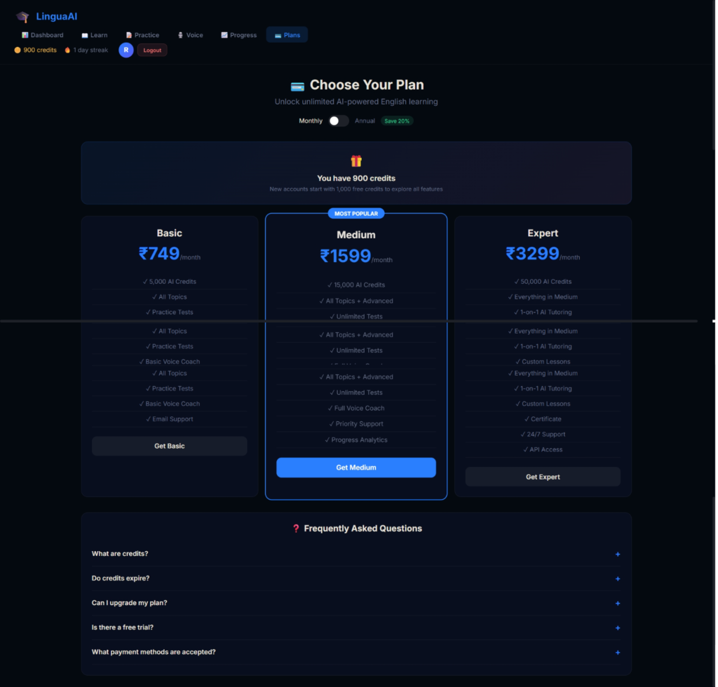 LinguaAI — AI Powered English Learning App using React Vite OpenAI Razorpay 2026