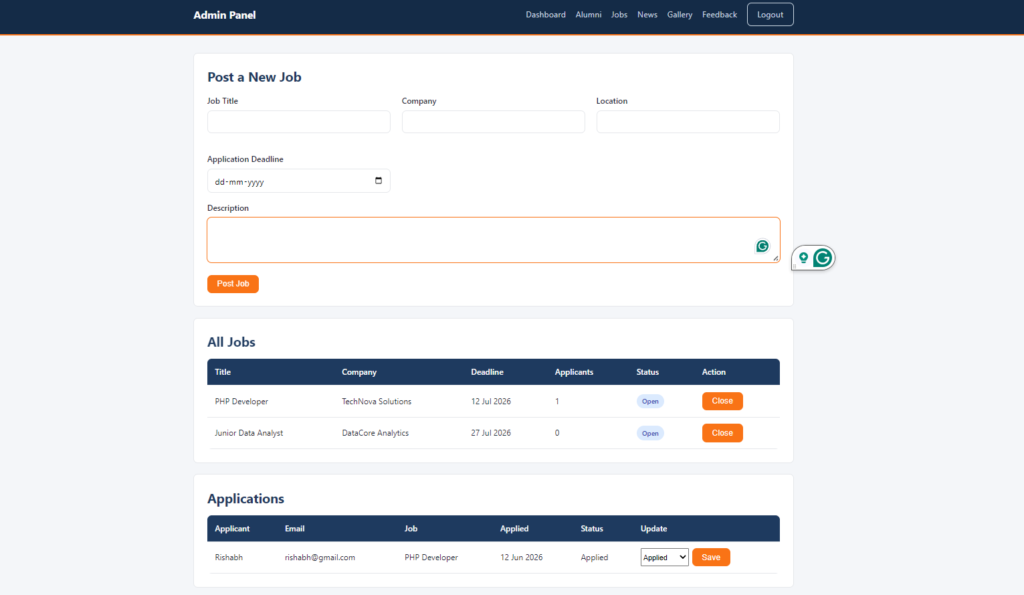 College Alumni System Project PHP MySQL