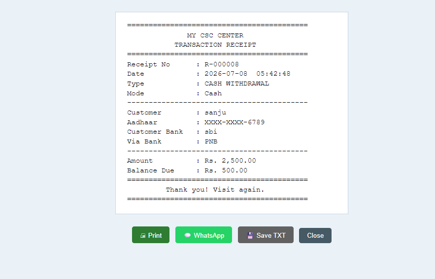 CSC Banking Management System Software for CSC Centers