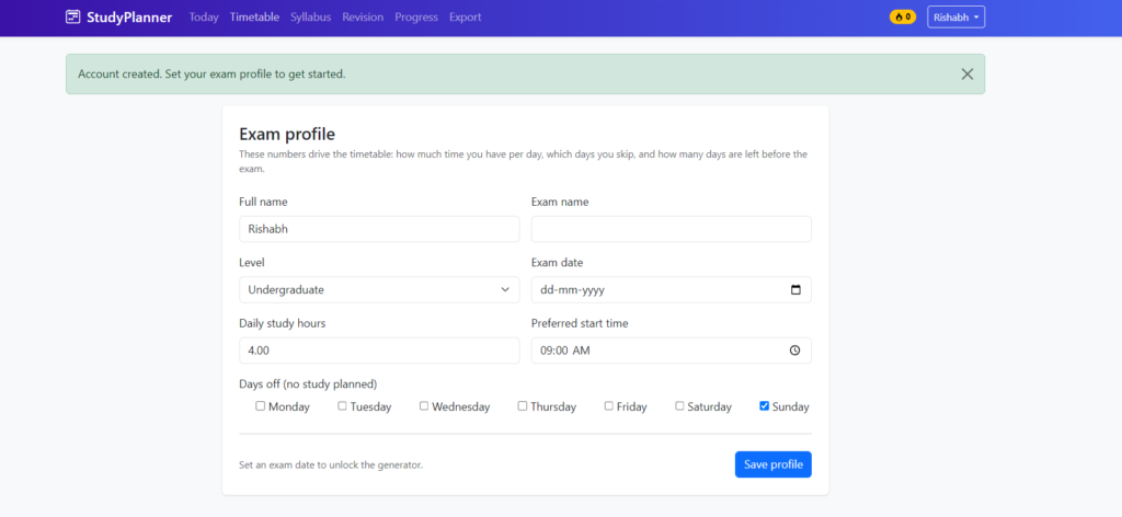 AI Study Timetable Generator -Dashboard