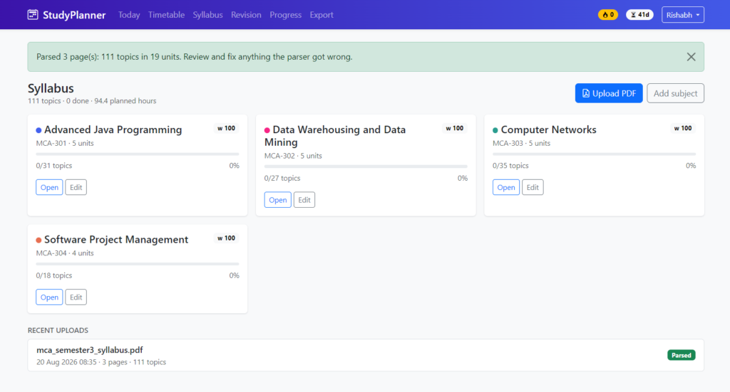AI Study Timetable Generator -Dashboard