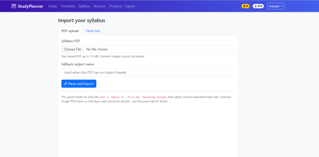AI Study Timetable Generator -Dashboard