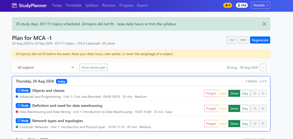 AI Study Timetable Generator -Dashboard