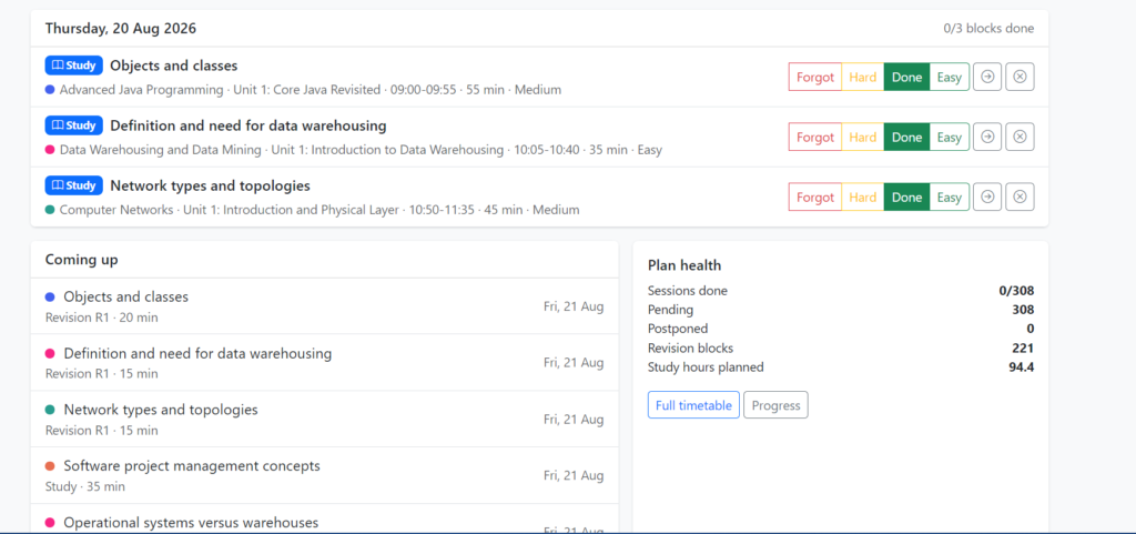 AI Study Timetable Generator -Dashboard